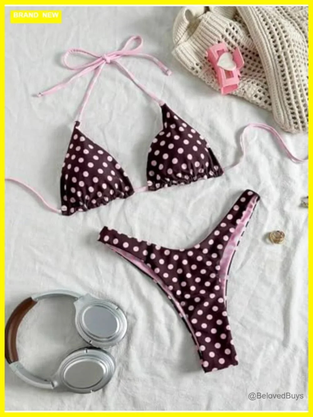 Reversible Polka Dot Triangle Bikini Set Halter Neck High Cut Thong Swimsuit 2